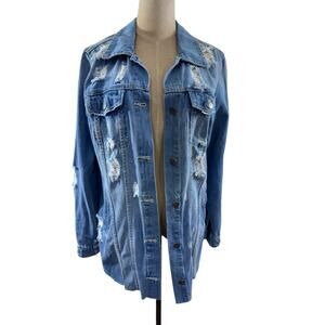 "American Bazi" Frayed Hem Distressed‎ Denim Shirt Jacket, Grunge, Rock n Roll